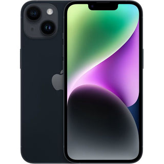 De APPLE iPhone 14 - 128 GB Midnight wordt getoond aan de voor- en achterkant, met een dubbele camera, kleurrijke abstracte achtergrond, slank ontwerp en Crash Detection.