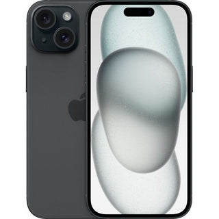 De APPLE iPhone 15 - 512 GB - Zwart wordt weergegeven met een dubbele camera aan de achterkant en heeft een abstracte achtergrond van twee overlappende doorschijnende ovalen op een lichte schermachtergrond.