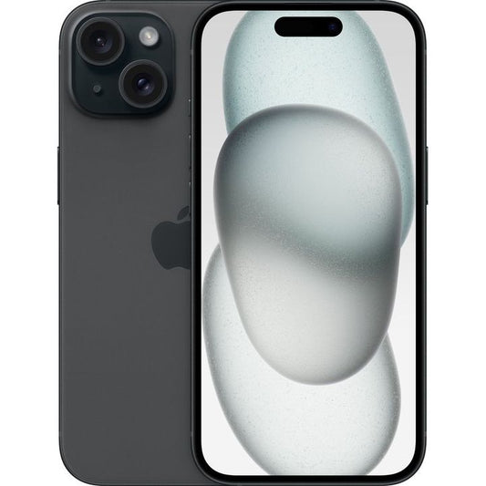 De APPLE iPhone 15 - 512 GB - Zwart wordt weergegeven met een dubbele camera aan de achterkant en heeft een abstracte achtergrond van twee overlappende doorschijnende ovalen op een lichte schermachtergrond.