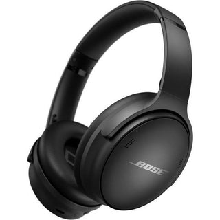 De Bose QuietComfort 45 Koptelefoon - Draadloos - Zwart biedt stijlvolle, comfortabele over-ear oorkussens met modern design, ruisonderdrukking en het Bose-logo zichtbaar op de oorschelp. Perfect voor draadloos luisteren in stijl.
