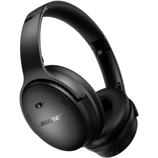 De BOSE QuietComfort SC Hoofdtelefoon Zwart van Bose is een zwarte draadloze hoofdtelefoon voor over de oren met luxe oorkussens en een verstelbare hoofdband, weergegeven op een witte achtergrond.