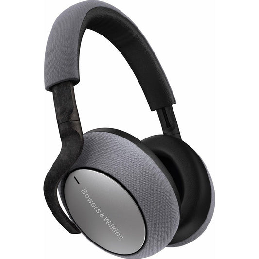 Een paar Bang & Olufsen Bowers & Wilkins PX7 draadloze koptelefoons met grijze oorschelpkussens, een zilverkleurige schelp met het logo en ruisonderdrukking voor meeslepend luisteren.
