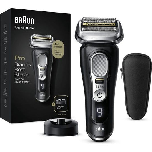 BRAUN Series 9 Pro 9410s elektrisch scheerapparaat voor mannen met ProLift-trimmer en LED-display, getoond met laadstandaard, reisetui en verpakking met afbeeldingen en details van de Series 9 Pro scheerapparaat.