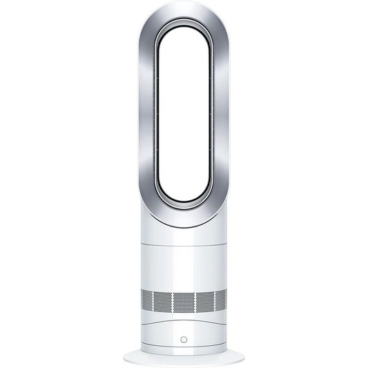 De DYSON AM09 Hot & Cool Bladeless Tower Fan heeft een ovaalvormig, zilver en wit ontwerp met Air Multiplier-technologie voor een krachtige luchtstroom en een geventileerde voet voor een strakke, moderne look.