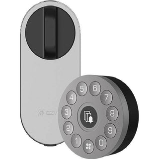 Het Ezviz Smart Lock + Keypad Slot Zwart heeft een slank ontwerp met een rond toetsenbord waarop de cijfers 0-9 en functietoetsen worden weergegeven, naast de hoofdvergrendeleenheid.