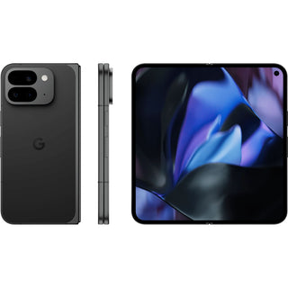 De GOOGLE Pixel 9 Pro Fold - 256 GB Zwart wordt getoond vanaf de achterkant, zijkant en voorkant, met dubbele camera's aan de achterkant, een slank ontwerp en een groot opengevouwen scherm met blauw-paars abstract behang.