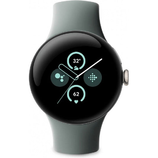 De GOOGLE Pixel Watch 2 - Goud - GPS is een moderne smartwatch met een rond zwart display en grijze band, met activiteitsstatistieken zoals hartslag en temperatuur, gezondheidsfuncties en minimalistische digitale en analoge wijzers op de interface.
