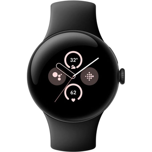 De GOOGLE Pixel Watch 2 - Zwart - Met GPS heeft een strak zwart ontwerp met een rond display dat de temperatuur (32°C), stappen, hartslagmeting (62) en activiteitspictogrammen laat zien op een minimalistische zwarte interface met roze en witte accenten.