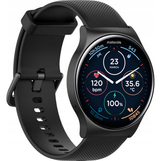 De MOTOROLA Moto Watch 120 Silver Black smartwatch heeft een rond display met datum, tijd, hartslag, temperatuur, batterijniveau, stappen en afstand op een levendige interface. Het biedt Google Fit-integratie en een verstelbare polsband met textuur.