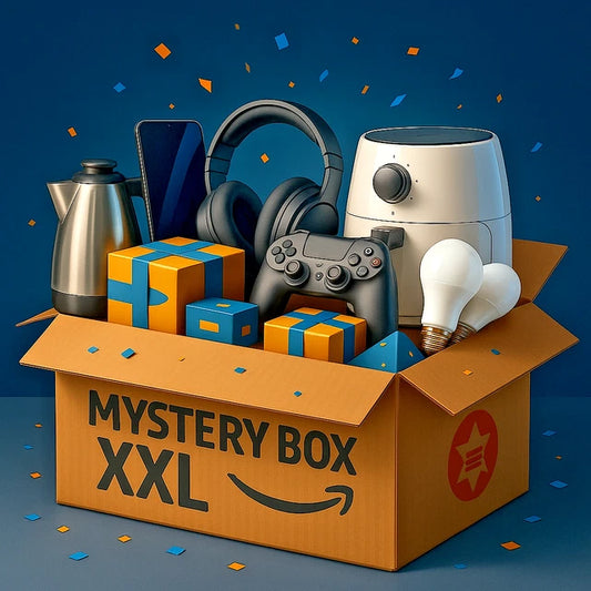 Een grote DealFixers Electronica Box XXL 2 - AMAZON zit boordevol verrassingen zoals koptelefoons, een gamecontroller, smartphone, air fryer en meer - te midden van confetti en cadeaus voor de perfecte elektronica mystery box ervaring.