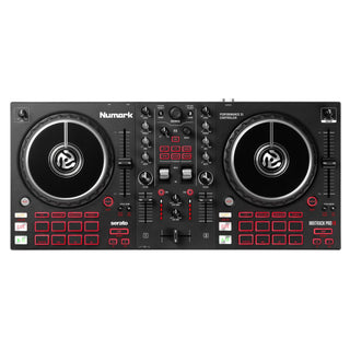 De Numark Mixtrack Pro FX 2-Deck DJ Controller van Numark, compatibel met Serato DJ Lite, heeft twee jogwielen, knoppen met rode achtergrondverlichting, faders, knoppen en performancepads op een zwart oppervlak van bovenaf gezien.