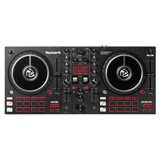 De Numark Mixtrack Pro FX 2-Deck DJ Controller van Numark, compatibel met Serato DJ Lite, heeft twee jogwielen, knoppen met rode achtergrondverlichting, faders, knoppen en performancepads op een zwart oppervlak van bovenaf gezien.