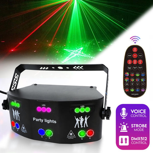 De Professionele Disco Laser met 15 Eyes van Merkloos projecteert groene en rode sterren- en lijnpatronen met stroboscoop LED-effecten, 120 lichtcombinaties, afstandsbediening, voice control, stroboscoopstand en DMX512-bediening.