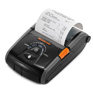 De Bixolon SPP-R200III is een draagbare thermische bonprinter van Bixolon met kassabonuitvoer aan de bovenkant, bedieningsknoppen en een oranje schuifvergrendeling aan de zijkant. Werkt via Bluetooth en USB.