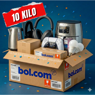 Een label van 10 KILO bovenop een BOL.com doos vol met elektronica en gadgets, zoals koptelefoons, een waterkoker en een air fryer. Ontdek wat er in deze BOL.com Zichttermijn mystery retourpakketten zit!.