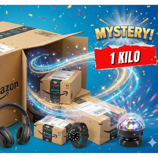 DealFixers 1 Kilo - Amazon Mystery Pakketten: inclusief magische glittertjes, een smartwatch, koptelefoon & discolamp. "MYSTERY! 1 KILO" tekst knalt op blauwe achtergrond met confetti - ideaal voor unboxing en TikTok verrassingsvideo's!.