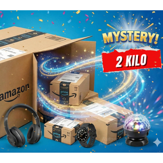 DealFixers 2 Kilo - Amazon Mystery Pakketten met sprankelende effecten, omringd door ongeopende pakketten vol gadgets en elektronica zoals koptelefoons, een smartwatch en discobal op een blauwe ondergrond met confetti.