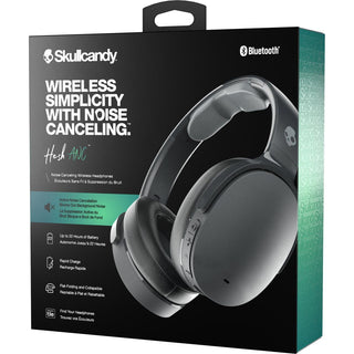 Op de detailhandeldoos van de SKULLCANDY Wireless Hesh ANC Headphones is de zwarte hoofdtelefoon te zien met functies als ruisonderdrukking, een batterijlevensduur van 22 uur, snel opladen en een plat opvouwbaar ontwerp.