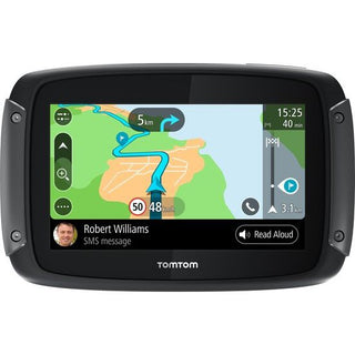De TOMTOM Rider 500 - Motornavigatie - Europa toont Europese kaarten, rijinstructies, nog 5 km te gaan, snelheidslimiet 50 km/u en een sms-melding van Robert Williams onderaan het scherm.