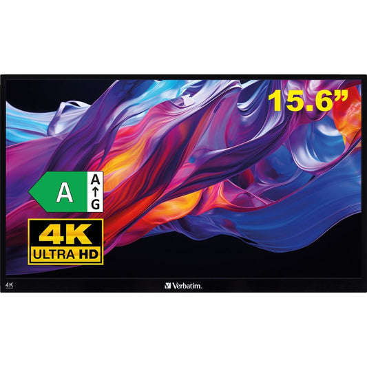 Het Verbatim Draagbaar aanraakscherm Ultra HD 4K - 15,6" Zwart toont kleurrijke abstracte kunst, met een energie-efficiëntie A-label (groen) en specificaties in gele tekst-ideaal als tweede scherm voor je laptop.
