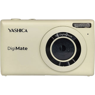 Vooraanzicht van de YASHICA DigiMate 100 Compactcamera Wit met grote lens, flitser en "18x digitale zoom" label - perfect voor buitenfotografie. De body is voorzien van de "YASHICA" en "DigiMate" logo's.
