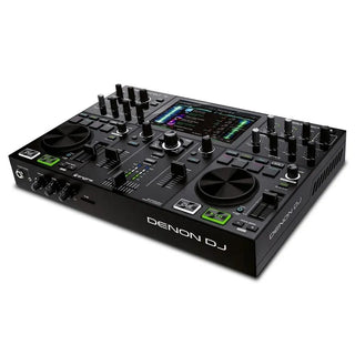 De Numark Denon DJ PRIME GO Standalone DJ-controller heeft twee jog-wielen, multifunctionele knoppen, faders, een centraal display met levendige trackinformatie en poorten aan de zijkant - ideaal als draagbare DJ-console voor mobiele optredens.