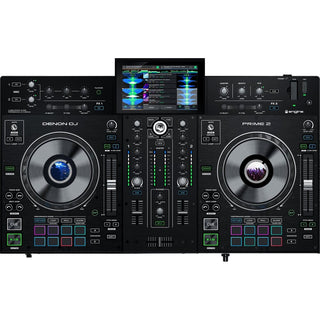 De Denon DJ PRIME 2 - Standalone DJ Controller van Denon heeft twee grote jog-wielen, meerdere knoppen, knoppen en faders, plus een centraal touchscreen met ENGINE OS voor soepel bladeren door je bibliotheek en weergave van golfvormen.