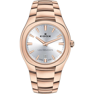 De Edox 57004-37R-AIR dameshorloge heeft een 30 mm zilverkleurige wijzerplaat, goudkleurige uurmarkeringen en wijzers, de datum op 6 uur en een elegante schakelband van roségoud metaal.