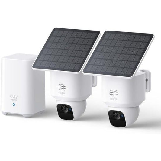 De EUFY eufy SoloCam E30 2-Cam Kit met HomeBase 2 bevat twee witte buitencamera's met zwarte lenzen, zonnepanelen, 360° dekking en een draadloos basisstation, allemaal veilig gemonteerd op beugels.