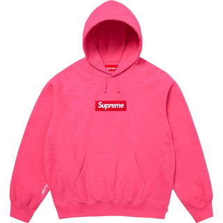 Het Supreme Box Logo Hooded Sweatshirt in Pink/Magenta (Large) heeft een rood en wit Box Logo op de borst, een kangoeroezak aan de voorkant en een capuchon met trekkoord.