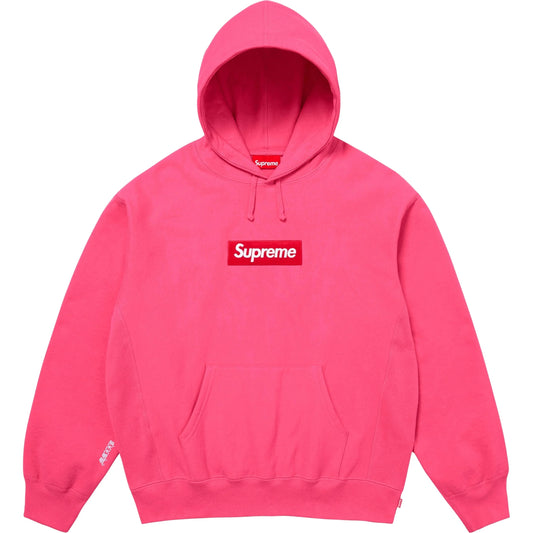 Het Supreme Box Logo Hooded Sweatshirt in Pink/Magenta (Large) heeft een rood en wit Box Logo op de borst, een kangoeroezak aan de voorkant en een capuchon met trekkoord.