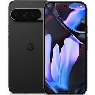 De GOOGLE Pixel 9 Pro Fold - 256 GB Zwart wordt getoond vanaf de achterkant en voorkant, met een horizontale camerabalk met AI-functies, G-logo en een levendige abstracte achtergrond op het opvouwbare scherm.
