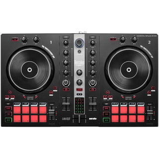 Een bovenaanzicht van de HERCULES DJ Control Inpulse 300 MK2, een USB DJ-controller met 2 decks, 16 pads, grote jogwielen, meerdere knoppen en faders en een centraal mixer-gedeelte.