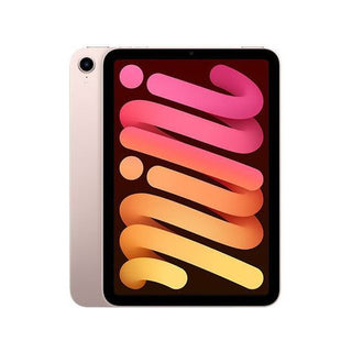 De Apple iPad Mini 6th Gen (256 GB, Rose) van APPLE heeft een slanke, lichtroze achterkant met één camera aan de achterkant en een levendig Liquid Retina-display met abstracte golvende roze, oranje en gele lijnen.