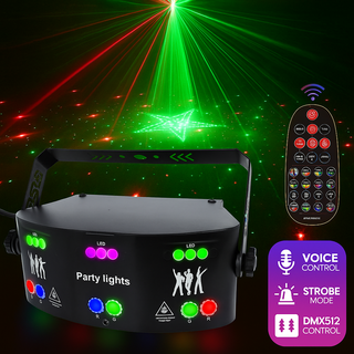 De Merkloos Professionele Disco Laser met 15 ogen projecteert groene en rode laserpatronen, waaronder stervormen, met 120 lichtcombinaties. Kleurrijke LED-knoppen en een afstandsbediening met meerdere functies zijn ook inbegrepen.