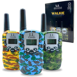 Set van 3 kleurrijke camouflage walkie talkies van DealFixers, inclusief batterijen. Perfect als communicatie speelgoed voor kinderen. Elke walkie talkie toont het DealFixers merk en staat voor de Walkie Kids verpakking.