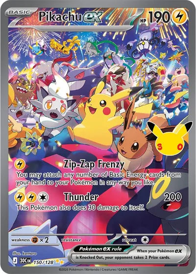 Pokémon 30th Celebration Pikachu ex 150/128 secret rare kaart