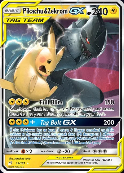 Originele Pokémon-kaart Pikachu & Zekrom-GX uit Team Up (2019), 33/181
