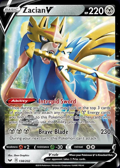 Originele Pokémon-kaart Zacian V uit Sword & Shield (2020), 138/202