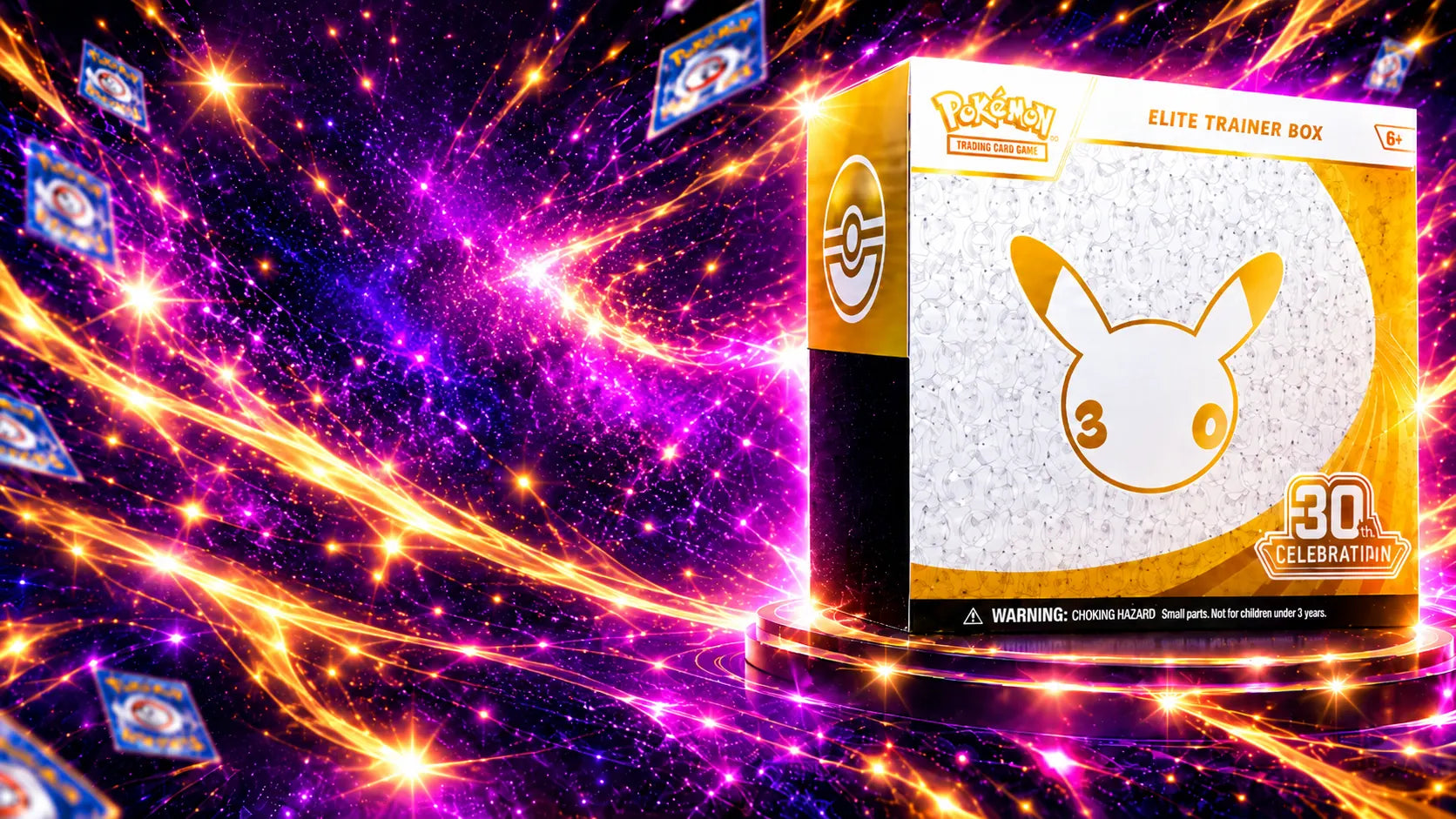 Pokémon 30th Celebration Elite Trainer Box tussen vliegende Pokémon-kaarten en gouden energie