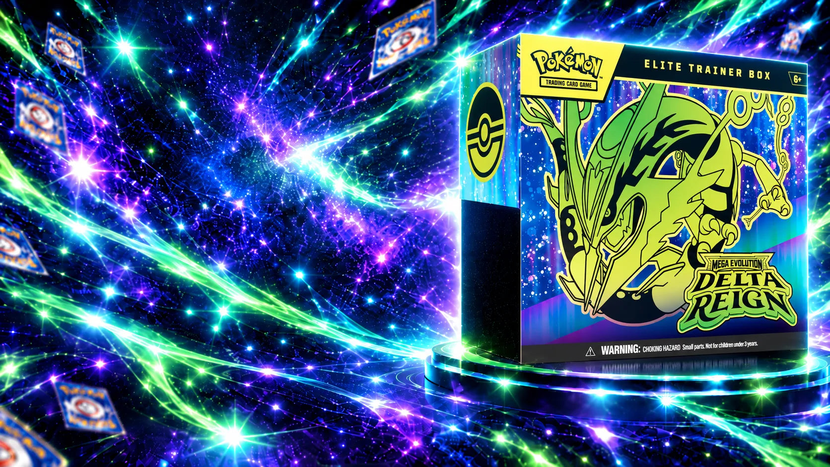 Pokémon Mega Evolution Delta Reign Elite Trainer Box met Mega Rayquaza tussen groene en blauwe energie